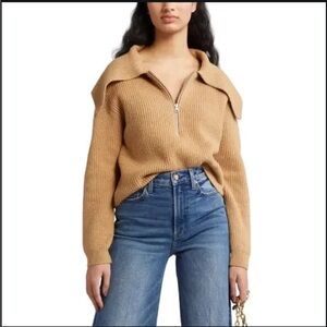 Open Edit Oversized Half Zip Sweater Long Sleeve In Ribbed Tan Cartouche